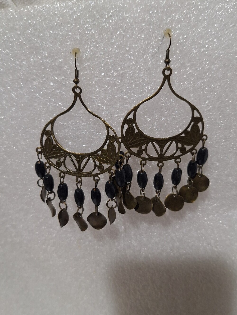 Bohemian Brass Drop Earrings with Black Beads